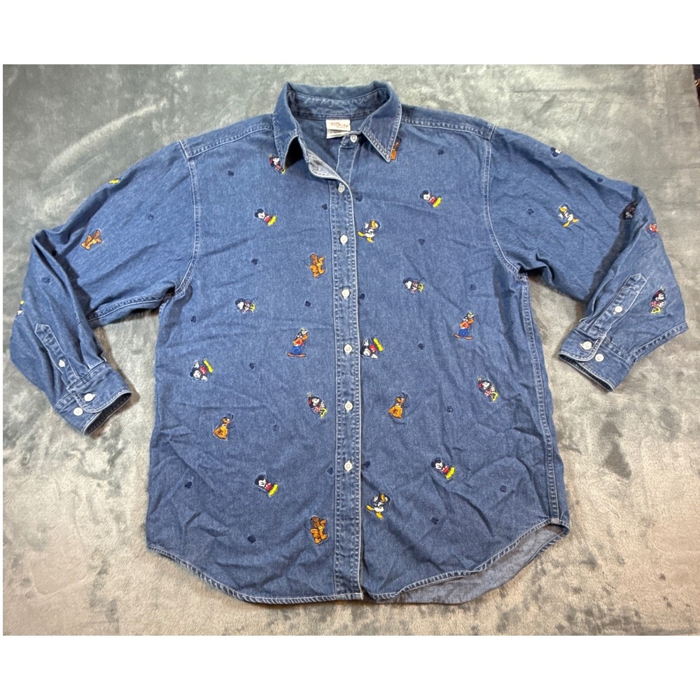 VTG 90s Disney Store Denim Shirt XL Mickey Friends All Over Embroidered Minnie